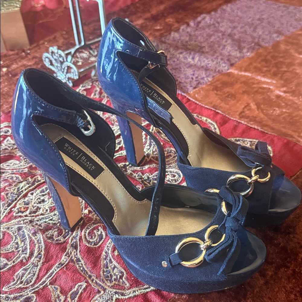 White house black market  Navy Peep-Toe Heels with Gold Accents